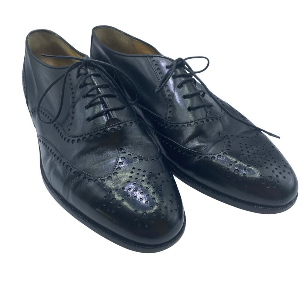 BrassBoot Dress Shoes Mens Size 7.5 Brogue Wingtip Black Oxfords‎ Lace Up